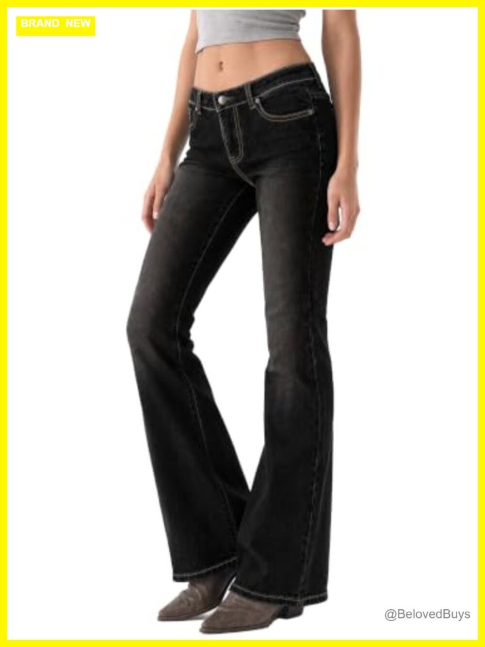 Women Stretchy Flare Jeans Floral Embroidery Mid Rise Denim Pants